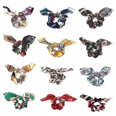 Scrunchie in Raso Vintage Con Fiocco e Perla Artificial Grande Elegante Stampa a Catena Floreale Elastici per Capelli Donna