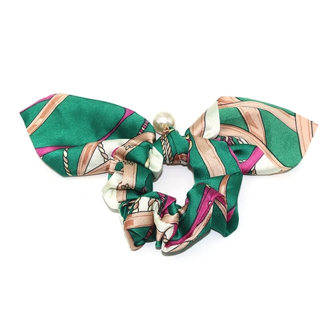 Scrunchie in Raso Vintage Con Fiocco e Perla Artificial Grande Elegante Stampa a Catena Floreale Elastici per Capelli Donna