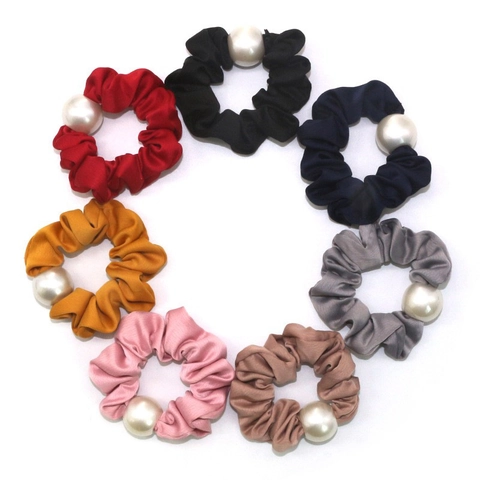 Solid Color Fabric Hair Scrunchie Elegant Hair Tie With Large Artificial Pearl Elastic Hair Accessory For Women Fashion Headwear