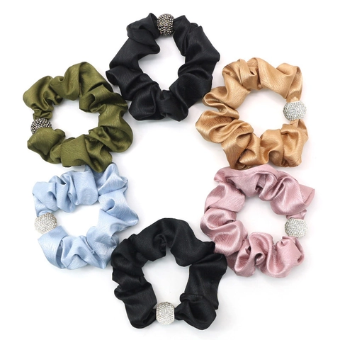 Coletero de Tela con Bola de Strass de Moda Coreana Vintage Color Sólido Goma de Pelo Elegante Tacto Satén Diadema Elástica Accesorios Pelo Mujer