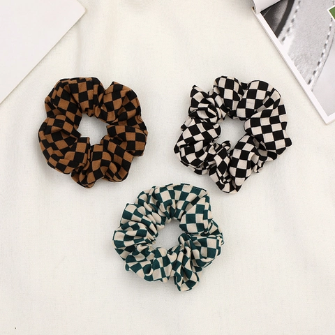 Chouchous en Tissu à Damiers Vintage Grands Élastiques Cheveux Queue de Cheval Accessoires Cheveux Style Français pour Femmes