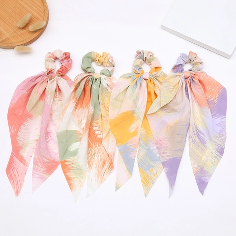 Elastico in Raso con Stampa Bohémien con Nastro Lungo Fiocco Elegante Motivo Astratto Acquerello per Capelli Donna Ragazze