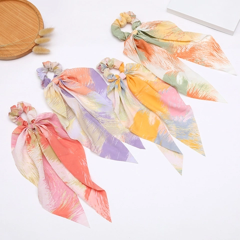 Elastico in Raso con Stampa Bohémien con Nastro Lungo Fiocco Elegante Motivo Astratto Acquerello per Capelli Donna Ragazze