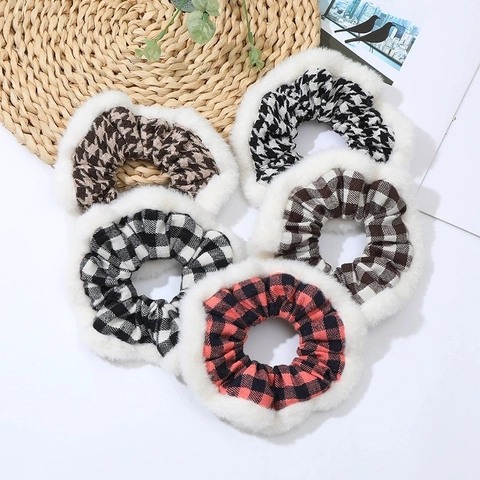 Elastico per Capelli in Pelliccia Sintetica a Quadri Autunno Inverno Lavorato a Maglia Pied de Poule Peluche per Donna
