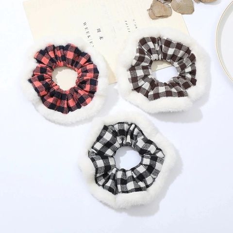 Elastico per Capelli in Pelliccia Sintetica a Quadri Autunno Inverno Lavorato a Maglia Pied de Poule Peluche per Donna