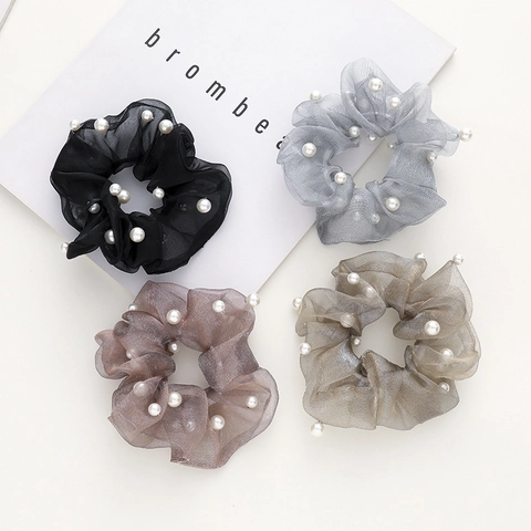 Elegant Knitted Organza Scrunchies With Artificial Pearl For Women Solid Color Large Hair Ties Oversized Hair Accessories