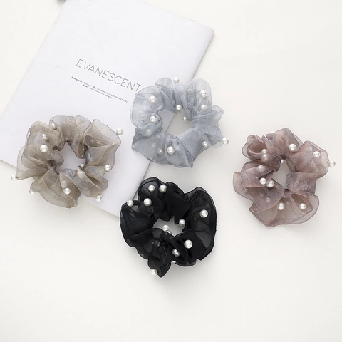 Elegant Knitted Organza Scrunchies With Artificial Pearl For Women Solid Color Large Hair Ties Oversized Hair Accessories