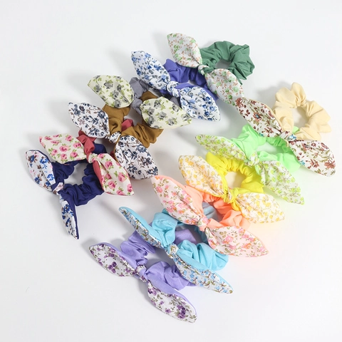Chouchous à Oreilles de Lapin Floraux Bandeau Élastique en Tissu avec Nœud Papillon Accessoires de Coiffure pour Femmes Filles