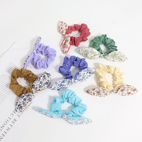 Chouchous à Oreilles de Lapin Floraux Bandeau Élastique en Tissu avec Nœud Papillon Accessoires de Coiffure pour Femmes Filles