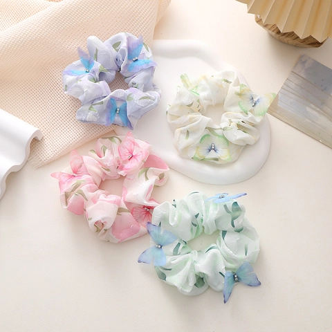Chouchous Style Français Camélia Papillon Avec Papillon 3D Strass Chiffon Imprimé Floral Attache Cheveux Pour Femmes Bijoux