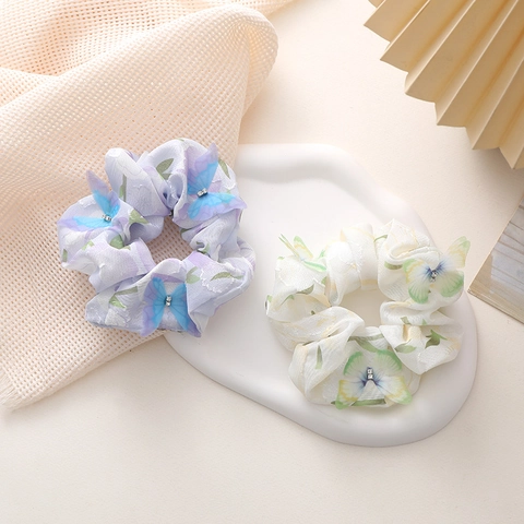 Chouchous Style Français Camélia Papillon Avec Papillon 3D Strass Chiffon Imprimé Floral Attache Cheveux Pour Femmes Bijoux