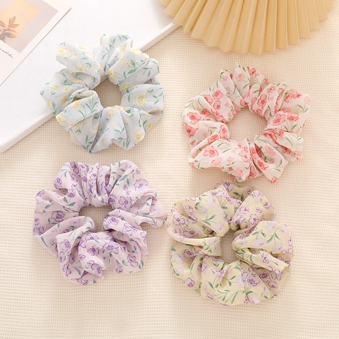 Floral Chiffon Scrunchies For Women Elegant Elastic Hair Bands Fresh Sweet Botanical Pattern Ponytail Holder Headwear