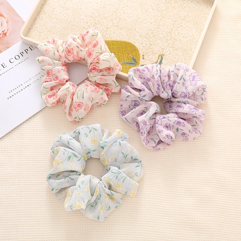 Floral Chiffon Scrunchies For Women Elegant Elastic Hair Bands Fresh Sweet Botanical Pattern Ponytail Holder Headwear