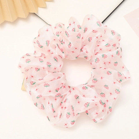 Aardbei Geprinte Organza Scrunchie Zoete Bosstijl Elastische Grote Haarband Paardenstaarthouder Mode Haaraccessoire Voor Dames
