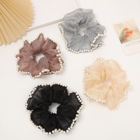 Elastici per Capelli Oversize in Stile Francese con Perle Artificiali Elegante Organza Mesh Fermacoda Accessori Capelli Donna