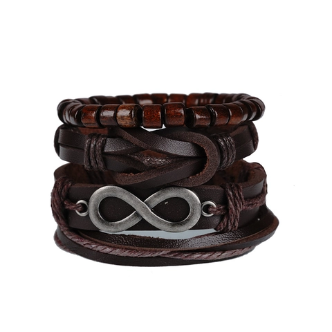 Handmade Woven Cowhide Leather Bracelet For Men Vintage Multi-layer Infinity Symbol Alloy Wood Beaded Adjustable Cord Wristband Jewelry