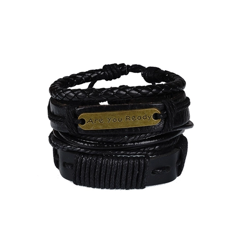 Pulsera de Hombre Multicapa de Cuero Tejido Vintage Set Retro Aleación Metal Are You Ready Punk Estilo Étnico Joyería