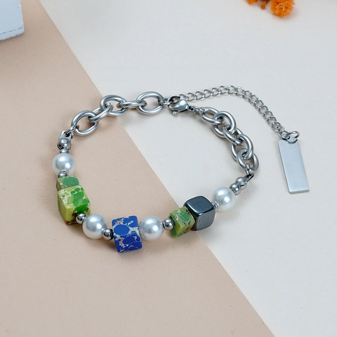Roestvrij Staal Dubbellaagse Hip Hop Koppel Sieraden Keizerssteen Hematiet Kunstparel Ketting Armband Voor Vrouwen Mannen
