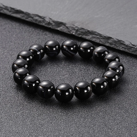 Natural Black Obsidian Beaded Bracelet For Men Women Healing Stone Agate Elastic Rope Fashion Jewelry Handmade Simple Hand Chain