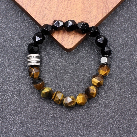 Natural Stone Beaded Bracelet Stainless Steel Faceted Tiger Eye Agate Elastic Strand Fashion Jewelry For Men Women