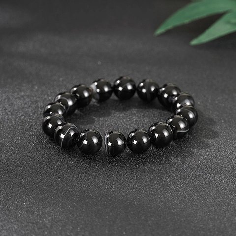 Natural Black Obsidian Beaded Bracelet For Men Women Healing Stone Agate Elastic Rope Fashion Jewelry Handmade Simple Hand Chain