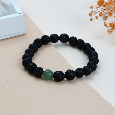 Bracciale in Perle di Pietra Lavica Nera Naturale e Giada Avventurina Gioiello Elastico Pietra Curativa Uomo Donna Yoga