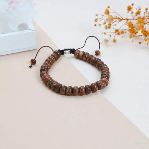 Goldstone Beaded Bracelet With Alloy Carved Spacer Adjustable Braided Rope Bracelet For Men Women Ethnic Jewelry Gift