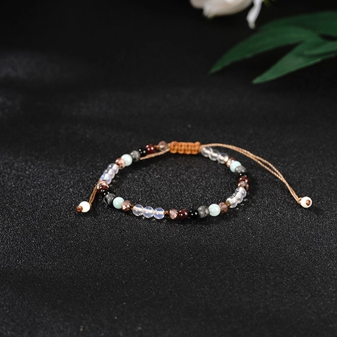 Bracciale Etnico da Donna in Pietra Naturale Intrecciato a Mano Bohemien Cordino Cerato Regolabile Perline di Vetro Sfaccettate