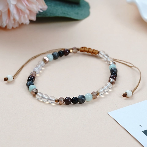 Bracciale Etnico da Donna in Pietra Naturale Intrecciato a Mano Bohemien Cordino Cerato Regolabile Perline di Vetro Sfaccettate