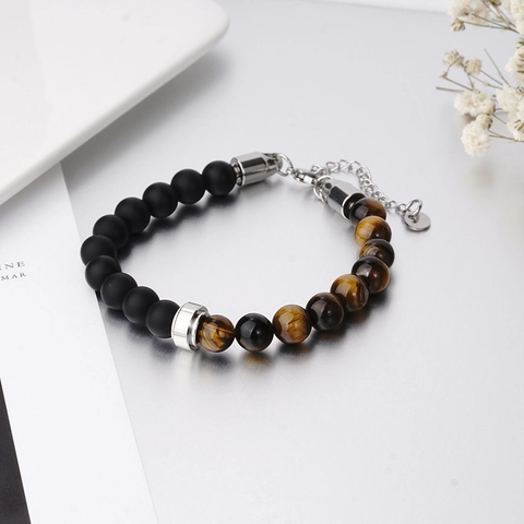 Bracciale con Perline in Pietra Naturale Regolabile in Acciaio Inossidabile Occhio di Tigre Ossidiana Punk Hip Hop Gioielli Regalo