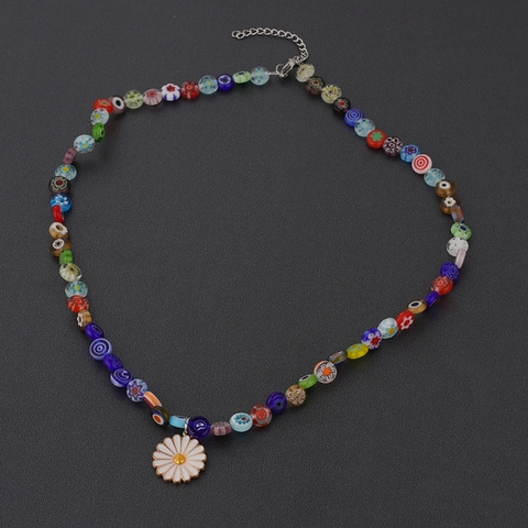Collar con Colgante de Margarita de Cuentas de Vidrio Coloridas Bohemias para Mujer Dije de Flor de Aleación Joyería de Moda