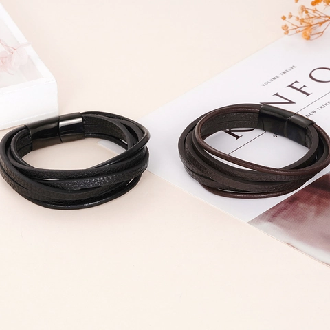 Meerlaags Gevlochten Leren Armband Met Roestvrijstalen Magneetsluiting Retro Punk Runderleer Wikkelarmband Voor Heren Dames Sieraden