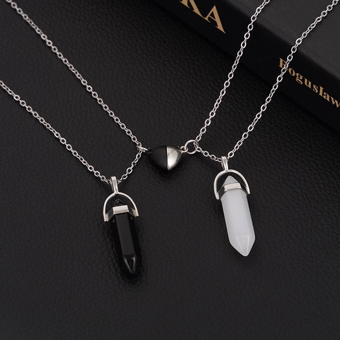 Hexagonale Stein Halskette Für Pärchen Mit Magnetischem Herzverschluss Edelstahlkette Naturkristall Quarz Anhänger Schmuck Geschenk