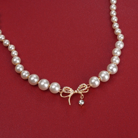 Elegant Bow-Knot Artificial Pearl Necklace For Women Alloy Rhinestone Pendant Stainless Steel Chain Fashion Sweet Jewelry Accessory
