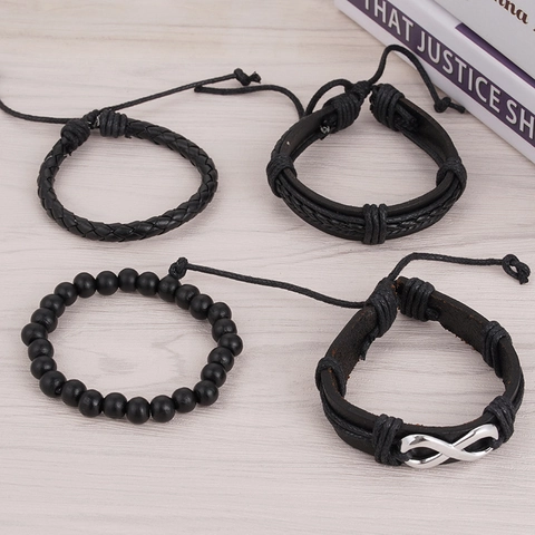 Heren Vintage Mehrlagiges Lederarmband Legierung Unendlichkeitssymbol Geflochtenes Seil Schwarze Perlen Armband Punk Schmuck Geschenk