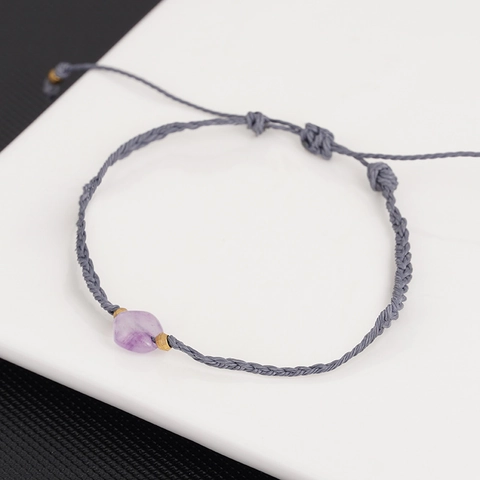 Bracciale in Pietra Naturale Ametista Irregolare Fatto a Mano Intrecciato Regolabile in Corda Cerata Grani di Ematite Gioielli Unisex