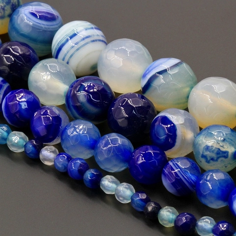 Faceted Striped Blue Agate Natural Stone Loose Beads For DIY Jewelry Making Necklaces Bracelets Home Decor Accessory