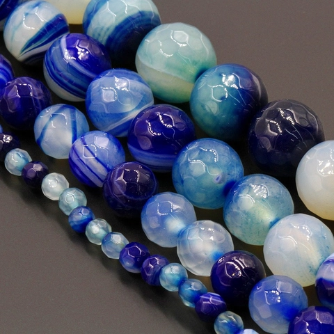 Faceted Striped Blue Agate Natural Stone Loose Beads For DIY Jewelry Making Necklaces Bracelets Home Decor Accessory