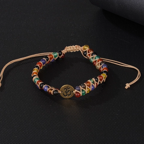 Handgefertigtes Naturstein Gewebtes Armband Boho Mehrfarbig Perlen Yoga Chakra Armband Edelstahl Om Charm Unisex Schmuck