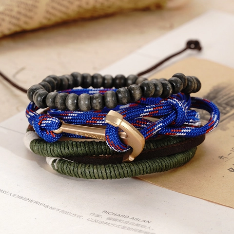 Vintage Multi-Layer Cowhide Braided Bracelet Set For Men Retro Punk Nautical Anchor Guitar Charm Wrap Hand Rope Jewelry