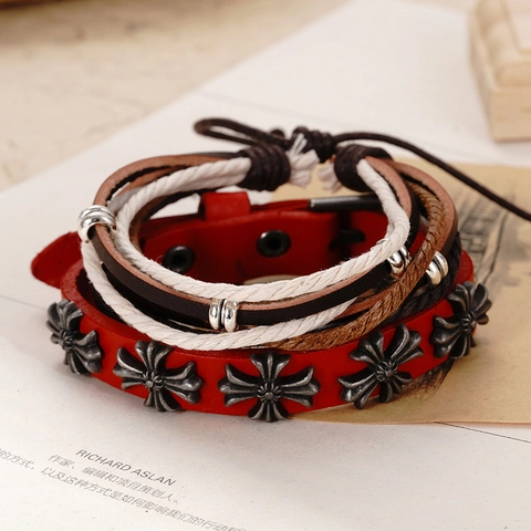 Vintage Multi-Layer Cowhide Braided Bracelet Set For Men Retro Punk Nautical Anchor Guitar Charm Wrap Hand Rope Jewelry