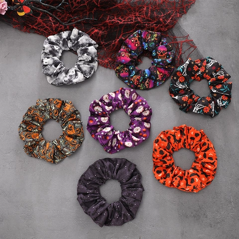 Halloween Scrunchies Polyester Satijn Haarelastiekjes Pompoen Schedel Vleermuis Geest Prints Gothic Party Accessoires Dames