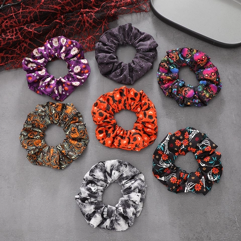 Halloween Scrunchies Polyester Satijn Haarelastiekjes Pompoen Schedel Vleermuis Geest Prints Gothic Party Accessoires Dames