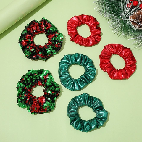 Coleteros Navideños Metálicos de Lentejuelas Rojo Verde Elásticos para el Cabello Festivos para Mujer Niña Fiesta