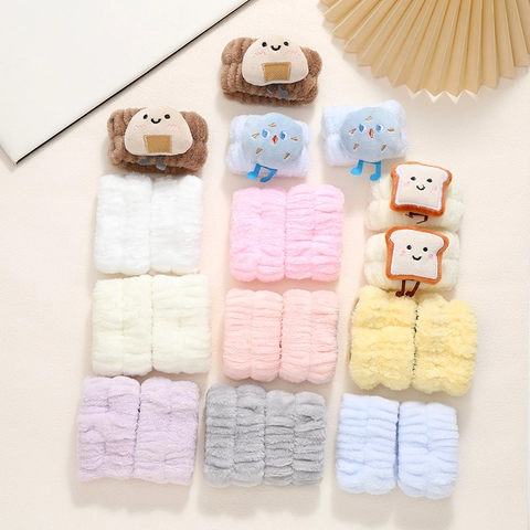 Muñequeras de Lavado de Cara de Terciopelo de Coral Suave Dibujos Animados Lindo Pan Bola de Arroz Felpa Banda Absorbente Para Mujeres Niños Accesorio de Baño
