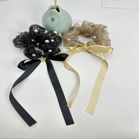 Elastico per Capelli Vintage con Stella e Perla Artificiale in Rete per Donna Elegante Chouchou in Organza con Fiocco e Nastro
