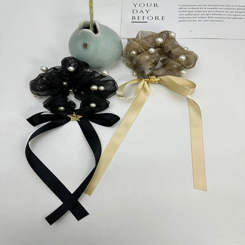 Elastico per Capelli Vintage con Stella e Perla Artificiale in Rete per Donna Elegante Chouchou in Organza con Fiocco e Nastro