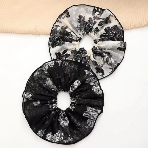 Grandi Scrunchies in Tessuto Floreali a Inchiostro Elastici per Capelli Oversize Eleganti Vintage Stampati per Donna Quotidiano