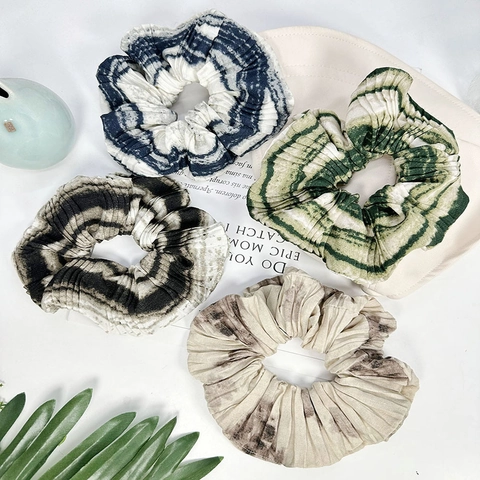 French Retro Pleated Fabric Scrunchies Elegant Tie-Dye Ink Flower Hair Ties Gentle Style Elastic Hair Bands For Women Accessories