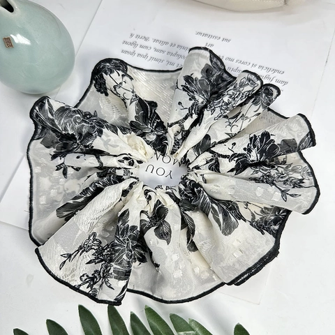 Grandi Scrunchies in Tessuto Floreali a Inchiostro Elastici per Capelli Oversize Eleganti Vintage Stampati per Donna Quotidiano